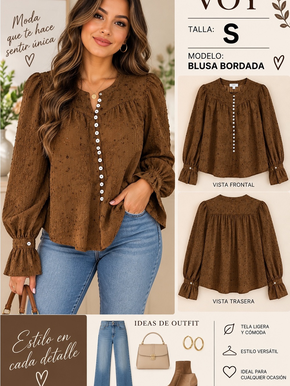 Women's Brown Embroidered Button-Front Blouse